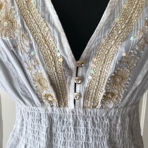 White striped V-neck empire waist blouse with embroidery, sequins and beads